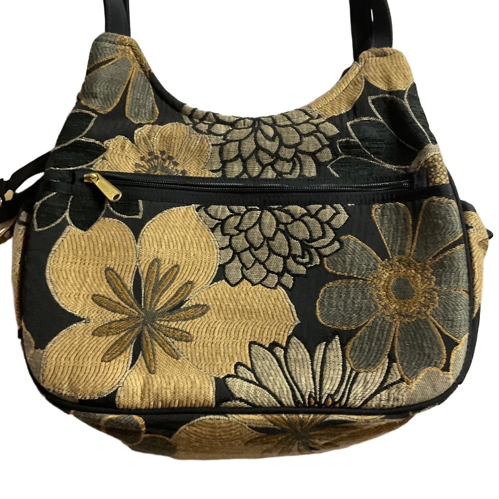 Danny K Black Tan Floral Hobo Handbag With Zipper USA Made Size